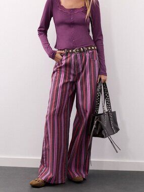 Purple Casual Women's Striped Wide Leg Trousers